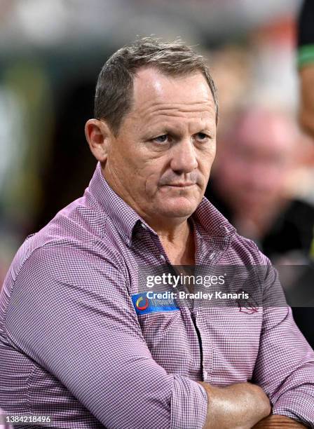 Broncos coach Kevin Walters watches on during the round one NRL match between the Brisbane Broncos and the South Sydney Rabbitohs at Suncorp Stadium,...