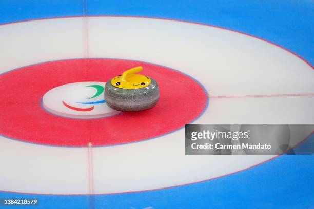 Curling stone is seen during the wheel chair curling semi-finals at National Aquatics Center on day seven of the Beijing 2022 Winter Paralympics at...