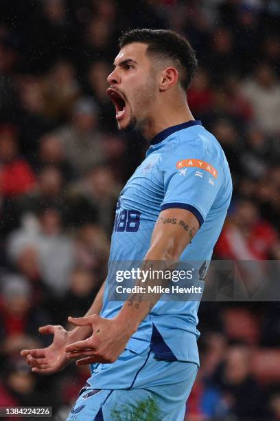 Bruno Guimaraes of Newcastle United celebrates after scoring during the Premier League match between Southampton and Newcastle United at St Mary's...