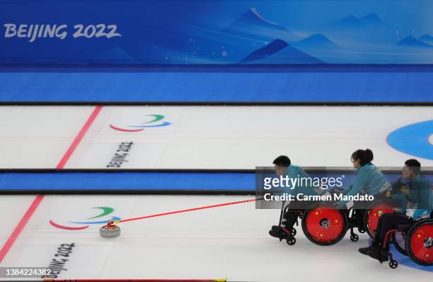 Team China competes against Team Canada during the wheel chair curling semi-finals at National Aquatics Center on day seven of the Beijing 2022...