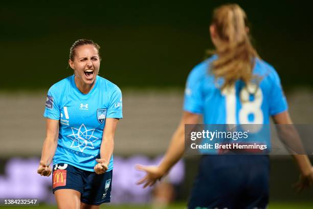 Mackenzie Hawkesby of Sydney FC celebrates victory during the A-League Womens match between Sydney FC and Melbourne City at Netstrata Jubilee...