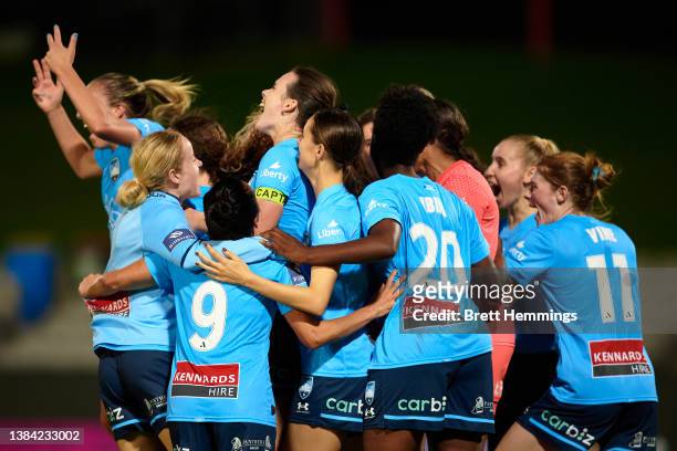 Sydney FC players celebrate victory during the A-League Womens match between Sydney FC and Melbourne City at Netstrata Jubilee Stadium, on March 11...