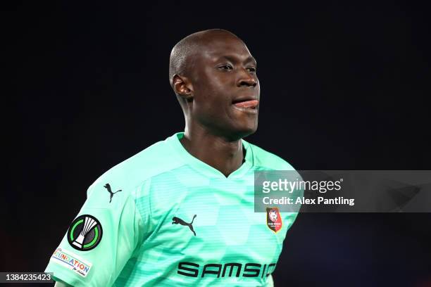 Alfred Gomis of Stade Rennes during the UEFA Conference League Round of 16 Leg One match between Leicester City and Stade Rennes at on March 10, 2022...