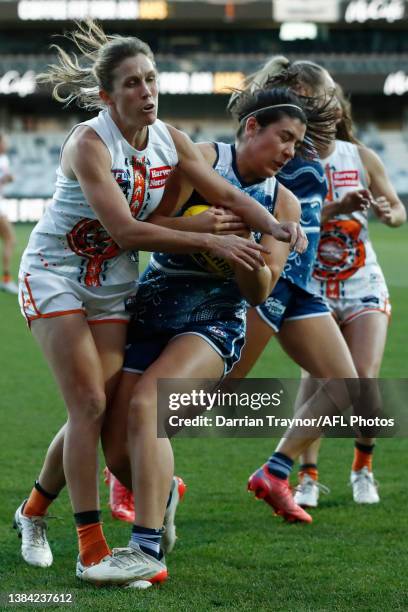 Annalyse Lister of the Giants collides with Rachel Kearns of Geelong during the round 10 AFLW match between the Geelong Cats and the Greater Western...