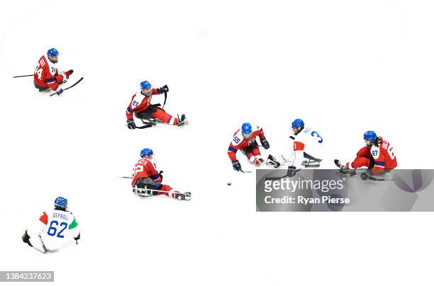 Filip Vesely of Team Czech Republic wins the puck against Team Italy on during the Para Ice Hockey 5th v 6th match between Italy and Czech Republic...