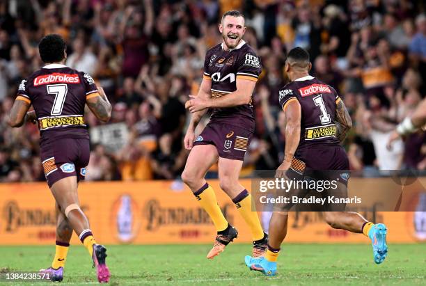 Kurt Capewell of the Broncos celebrates after kicking a field goal during the round one NRL match between the Brisbane Broncos and the South Sydney...