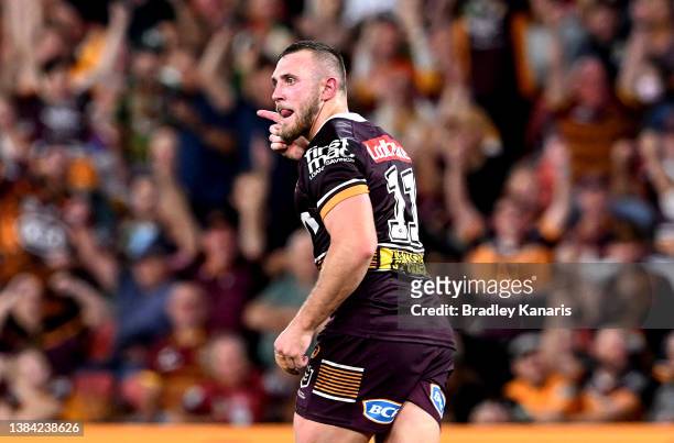Kurt Capewell of the Broncos celebrates after kicking a field goal during the round one NRL match between the Brisbane Broncos and the South Sydney...