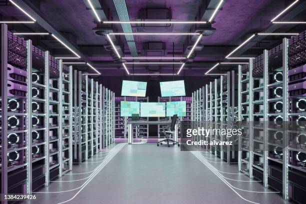 renderização 3d do centro de computadores de mineração cripto - extração de dados - fotografias e filmes do acervo