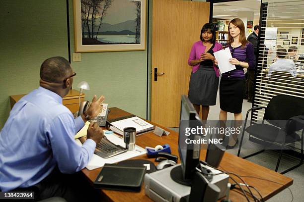 The Michael Scott Paper Company" Episode 21 -- Pictured: Idris Elba as Charles Miner, Mindy Kaling as Kelly Kapoor, Ellie Kemper as Kelly Erin Hannon
