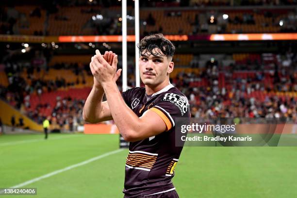 Herbie Farnworth of the Broncos celebrates victory after the round one NRL match between the Brisbane Broncos and the South Sydney Rabbitohs at...