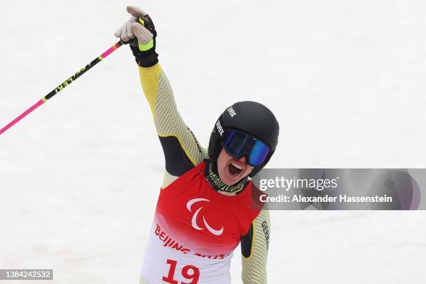 Andrea Rothfuss of Team Germany reacts after competing in the Women's Giant Slalom Standing during day seven of the Beijing 2022 Winter Paralympics...