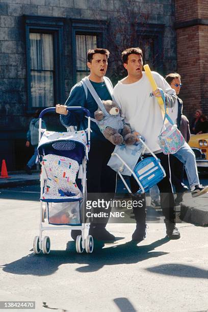 The One With the Baby on the Bus" Episode 6 -- Pictured: Matt Le Blanc as Joey Tribbiani, Matthew Perry as Chandler Bing