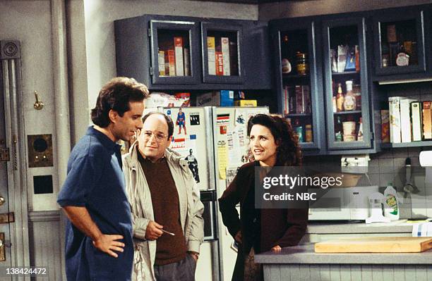 The Mom and Pop Store" Episode 8 -- Pictured: Jerry Seinfeld as himself, Jason Alexander as George Costanza, Julia Louis-Dreyfus as Elaine Benes