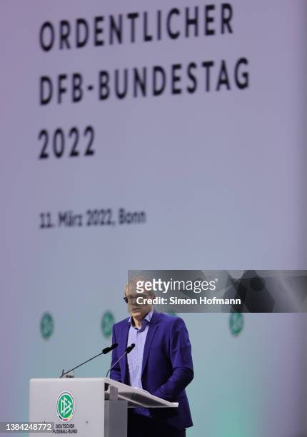 Presidential candidate Peter Peters delivers his speech during the 44th Ordinary DFB-Bundestag at World Conference Center Bonn on March 11, 2022 in...