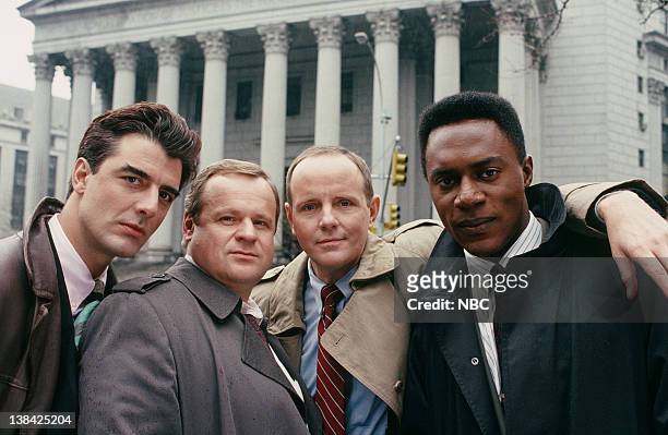 Season 1 -- Pictured: Chris Noth as Detective Mike Logan, George Dzundza as Detective Maxwell "Max" Greevey, Michael Moriarty as Executive A.D.A. Ben...