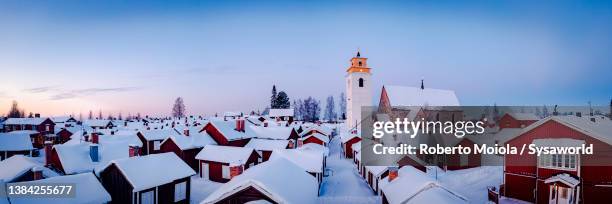 gammelstad church town covered with snow, sweden - lappland aerial view stock-fotos und bilder