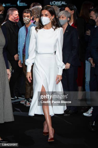Queen Letizia of Spain visits the Mercedes Benz Fashion Week Madrid - March 2022 at Ifema on March 11, 2022 in Madrid, Spain.