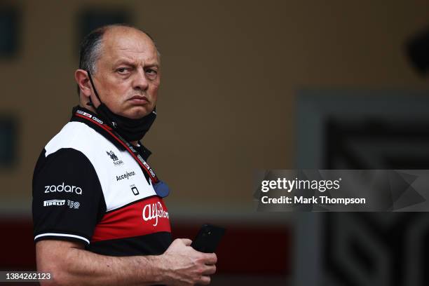 Alfa Romeo Racing Team Principal Frederic Vasseur looks on in the Paddock during Day Two of F1 Testing at Bahrain International Circuit on March 11,...