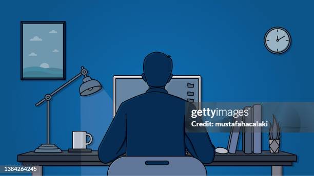 man working late at night - lonely home office stock illustrations