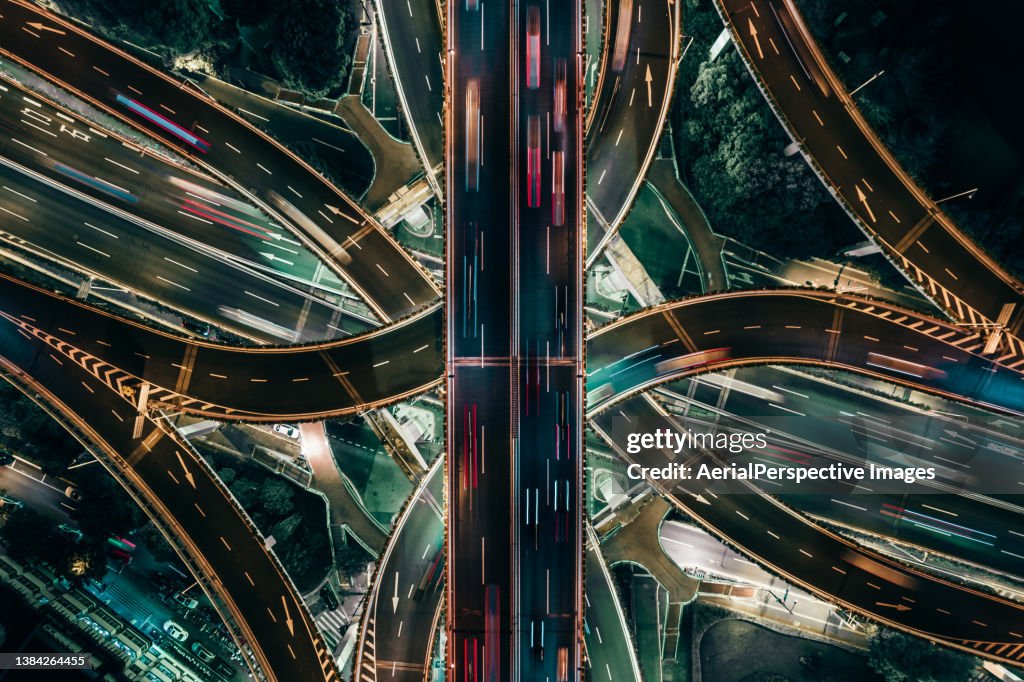 Overpass Intersection Top View Of Overpass And Road Intersection At Night High-Res Stock ...