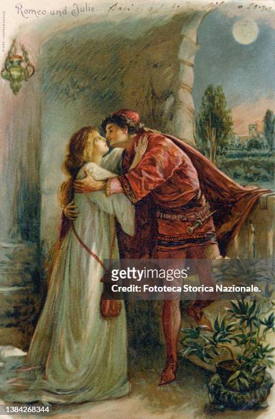 A kiss between the two lovers, in front of a window from which you can see a romantic nocturnal landscape with a full moon. Scene from the tragedy...