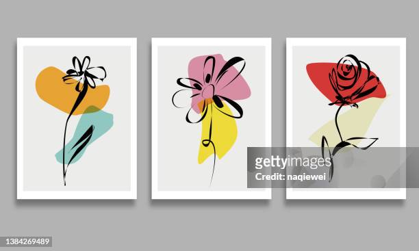 vector set of trendy posters with abstract line hand drawing of rose and sunflower flower illustration modern art minimalism concept homemade card design banner background - place setting stock illustrations
