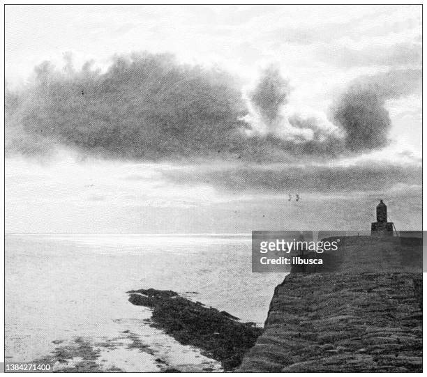 antique travel photographs of england: cornwall lighthouse - lands end cornwall stock illustrations