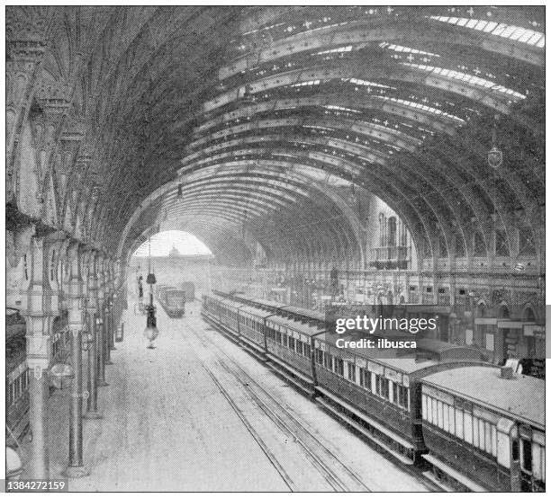 stockillustraties, clipart, cartoons en iconen met antique travel photographs of england: railway station - railroad car