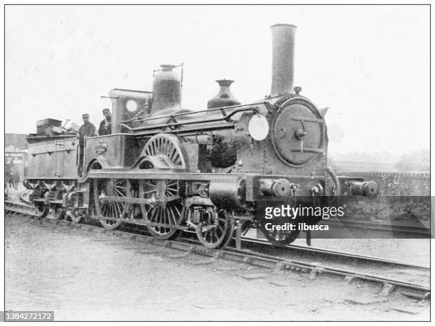 antique travel photographs of england: locomotive train - 19th century steam train stock illustrations