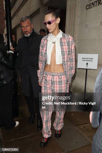 Bella Hadid departing Central Hall Westminster after walking the Burberry A/W 2023 Womenswear Collection Presentation on March 11, 2022 in London,...