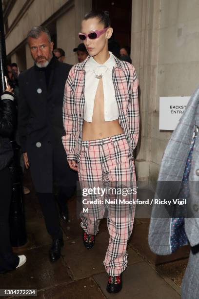 Bella Hadid departing Central Hall Westminster after walking the Burberry A/W 2023 Womenswear Collection Presentation on March 11, 2022 in London,...