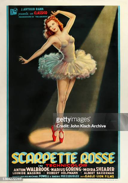 Movie poster advertises the Italian release of 'The Red Shoes,' a ballet drama written, directed, and produced by Michael Powell and Emeric...