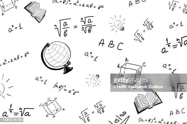 an open book, drawing or design. a globe drawn on a white background. mathematical problems, their solution, algebra. drawing of a light bulb. the concept of teaching, upbringing, passing entrance exams to a university or institute. back to school. - mathematics stock-fotos und bilder