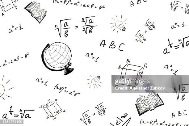 an open book, drawing or design. a globe drawn on a white background. mathematical problems, their solution, algebra. drawing of a light bulb. the concept of teaching, upbringing, passing entrance exams to a university or institute. back to school. - mathematical symbol stock pictures, royalty-free photos & images