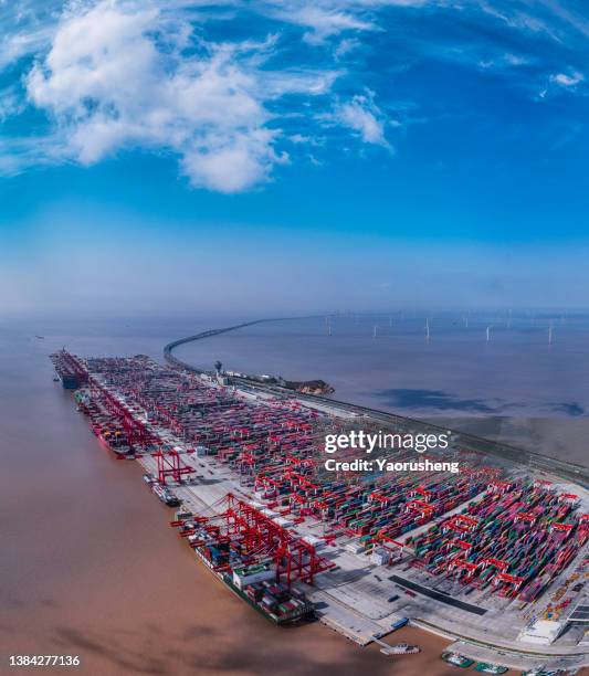 aerial view of shanghai yangshan container port,360-degree - shanghai port stock pictures, royalty-free photos & images