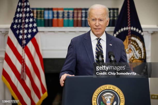 President Joe Biden announces new economic actions against Russia in the Roosevelt Room at the White House on March 11, 2022 in Washington, DC. Biden...