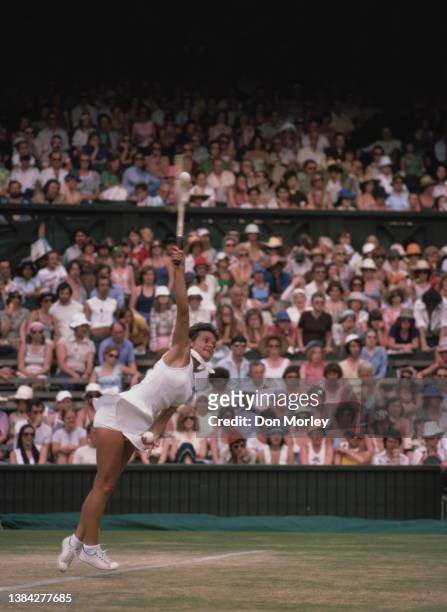 Moment of impact with tennis racket on tennis ball as Evonne Goolagong Cawley from Australia serves to Chris Evert of the United States during their...