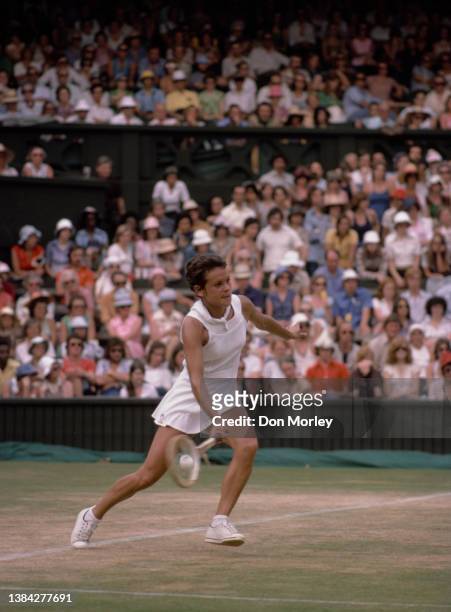 Moment of impact with tennis racquet on tennis ball as Evonne Goolagong Cawley from Australia plays a forehand return to Chris Evert of the United...