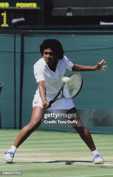 Zina Garrison from the United States plays a backhand shot to compatriot Leigh-Anne Thompson during their Women's Singles First Round match at the...