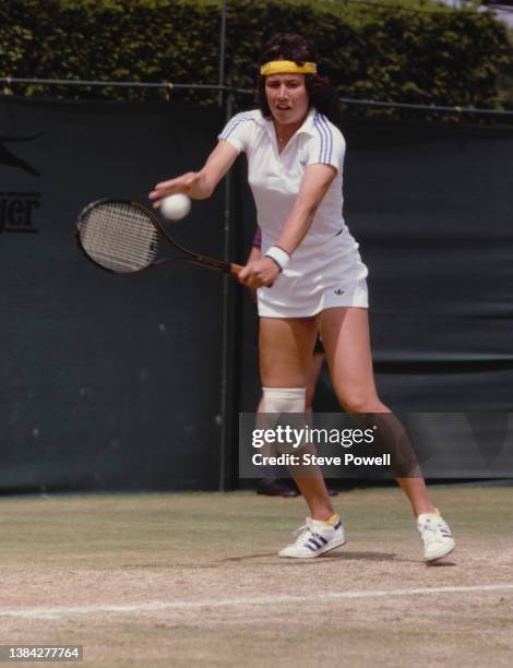 Mary Carillo from the United States reaches to play a left-handed backhand return shot against Wendy Turnbull of Australia during their Women's...