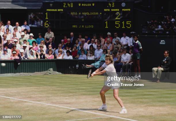 Chris Evert Lloyd from the United States plays a double handed return shot against compatriot Martina Navratilova during their Women's Singles Final...