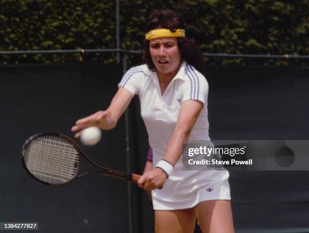Mary Carillo from the United States reaches to play a left-handed backhand return shot against Wendy Turnbull of Australia during their Women's...