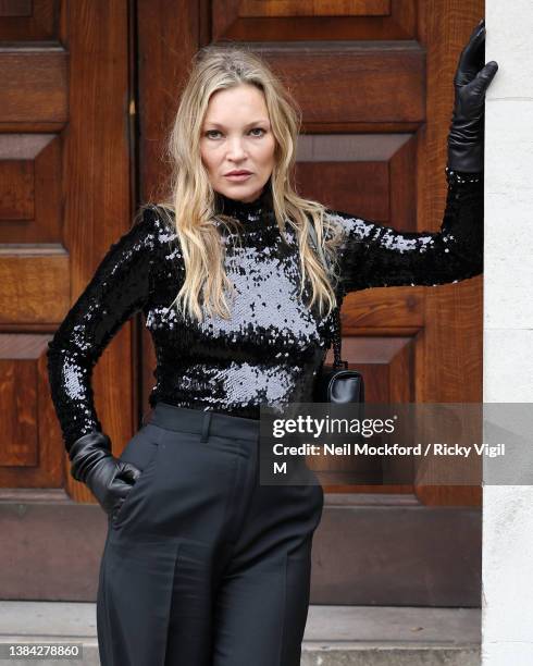 Kate Moss arriving at the Burberry A/W 2023 Womenswear Collection Presentation at Central Hall Westminster on March 11, 2022 in London, England.