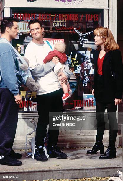 The One with the Baby on the Bus" Episode 6 -- Air Date -- Pictured: Matt Le Blanc as Joey Tribbiani, Matthew Perry as Chandler Bing, Lea Thompson as...