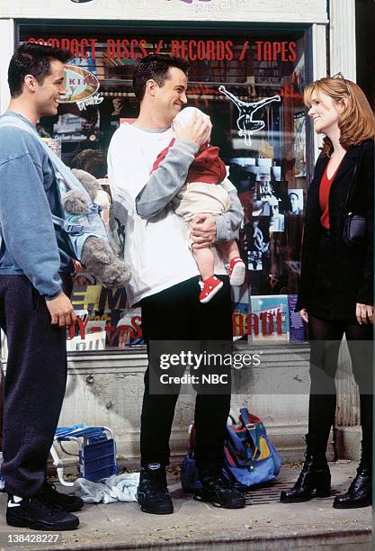 The One with the Baby on the Bus" Episode 6 -- Air Date -- Pictured: Matt Le Blanc as Joey Tribbiani, Matthew Perry as Chandler Bing, Lea Thompson as...