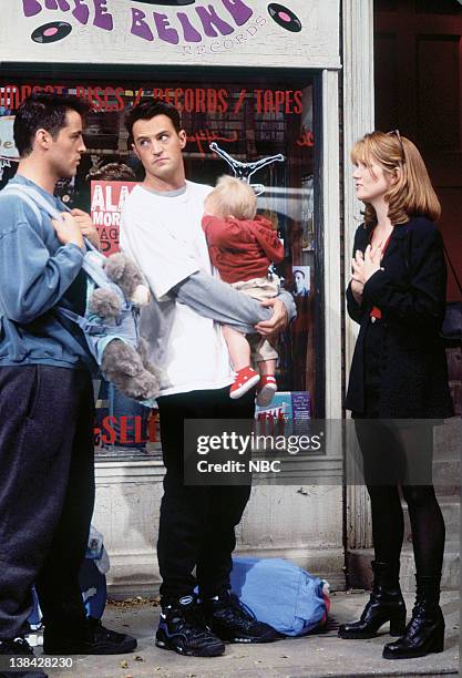 The One with the Baby on the Bus" Episode 6 -- Air Date -- Pictured: Matt Le Blanc as Joey Tribbiani, Matthew Perry as Chandler Bing, Lea Thompson as...