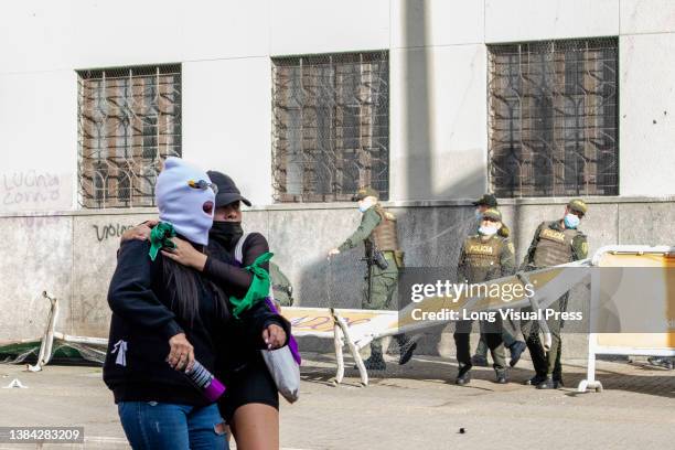 Women take part in the International women's Day demonstrations in Medellin - Antioquia, Colombia on March 8, 2022. Demonstrations ended in clashes...