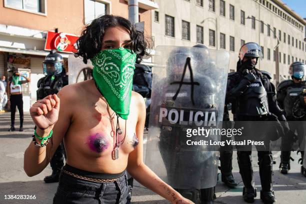 This image contains nudity) Women take part in the International women's Day demonstrations in Medellin - Antioquia, Colombia on March 8, 2022....