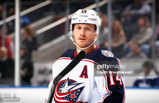 Gustav Nyquist of the Columbus Blue Jackets skates against the New York Islanders at the UBS Arena on March 10, 2022 in Elmont, New York.