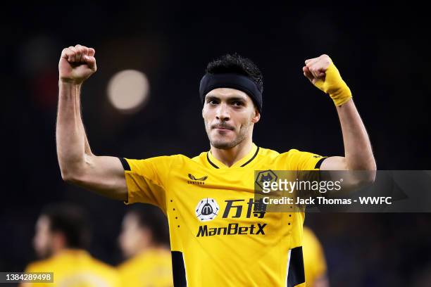 Raul Jimenez of Wolverhampton Wanderers celebrates after scoring his team's first goal during the Premier League match between Wolverhampton...